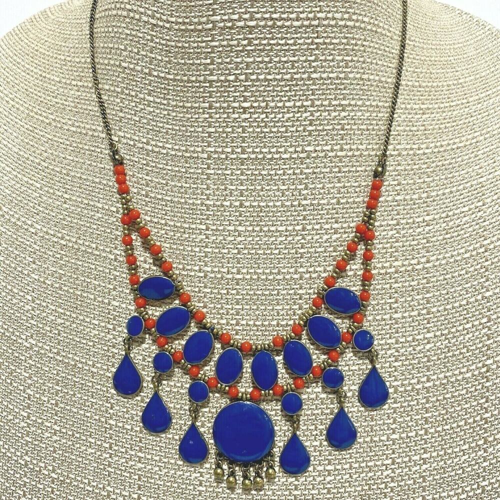 Unique beaded necklace Boho tribal gold red & blue stone beads ornate teardrops